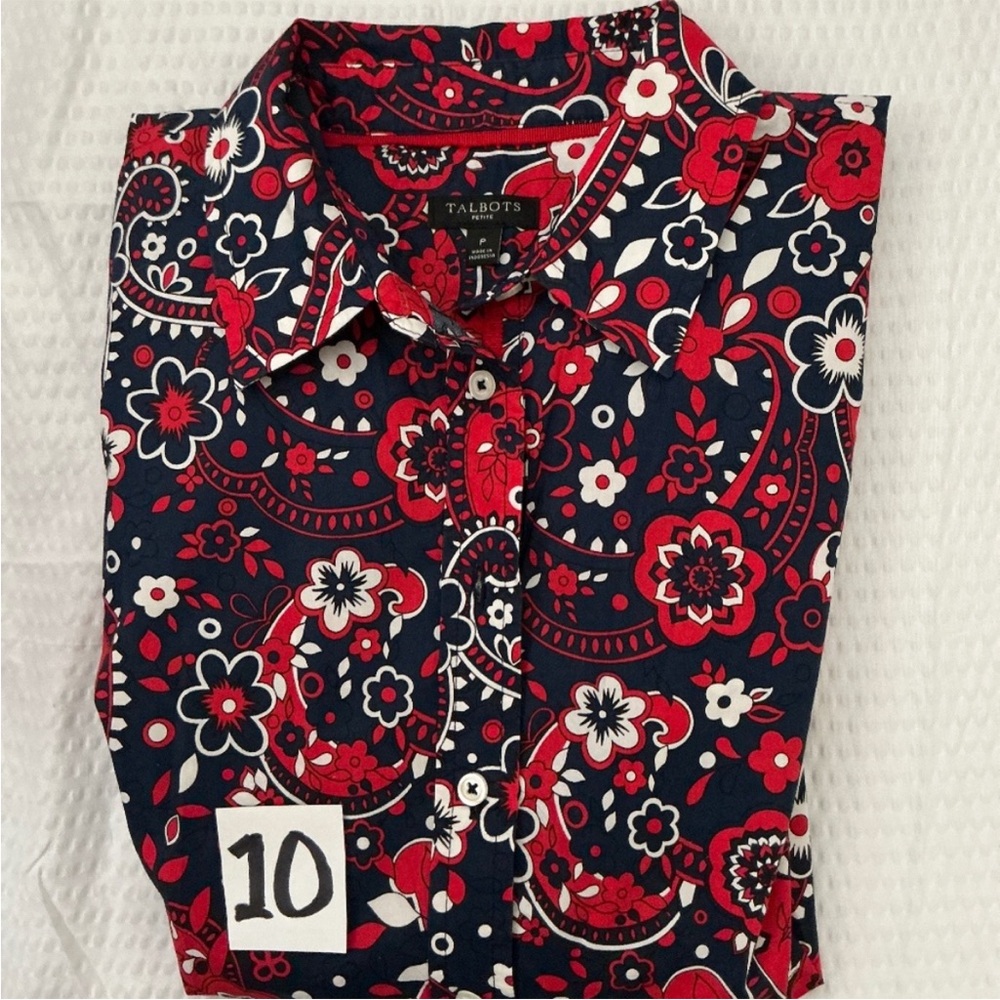 Talbots Floral Button-Up Shirt - Red and Navy